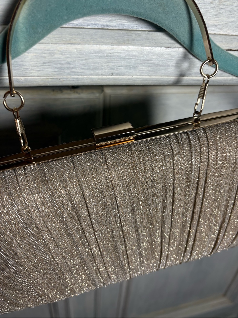 Champagne Metallic Shimmer Pleated Clutch Handbag Cocktail Party Wedding - Picture 6 of 7
